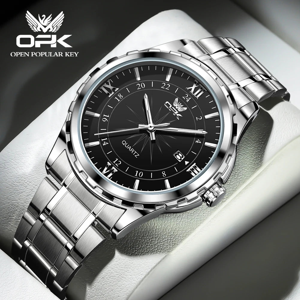 Relógio Masculino OPK 6003 – Quartz com Pulseira de Aço Inoxidável e Calendário Duplo