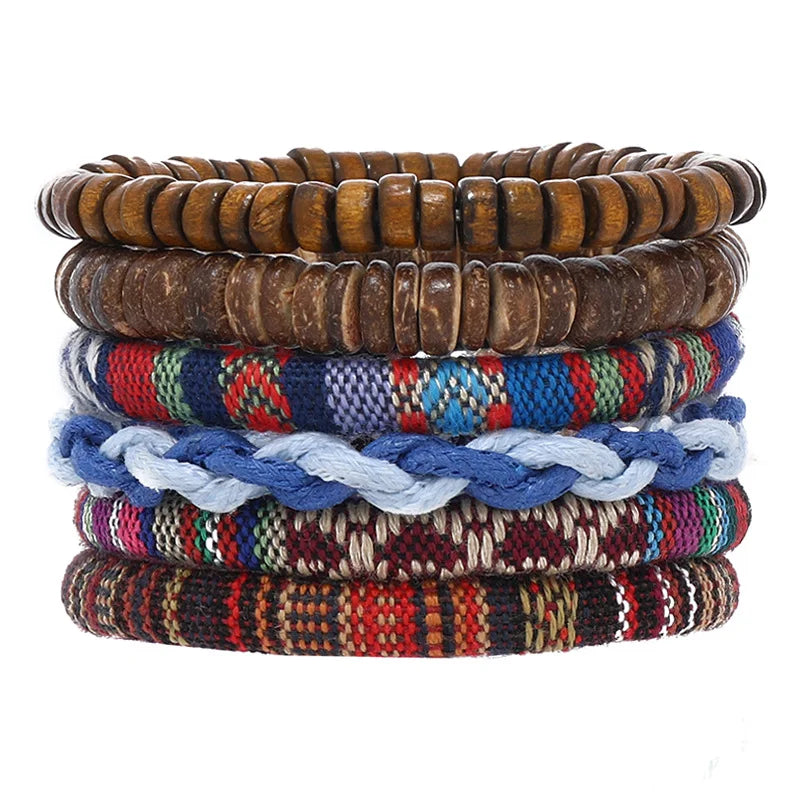 Conjunto 4 Pulseiras Masculinas de Couro Trançado – Vintage Tribal com Contas e Árvore da Vida