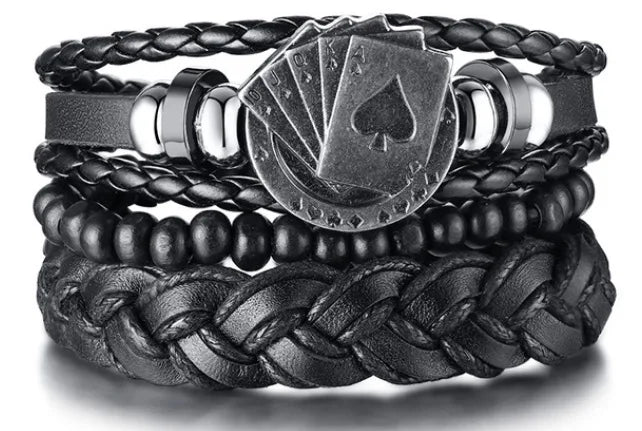 Conjunto 4 Pulseiras Masculinas de Couro Trançado – Vintage Tribal com Contas e Árvore da Vida