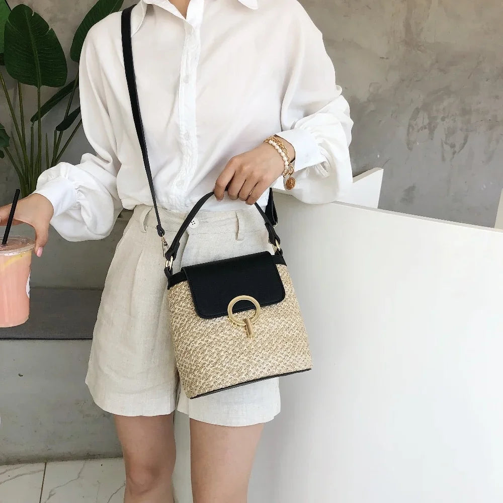 Bolsa Feminina de Palha para Praia 2026 – Estilo Coreano Bucket Crossbody Versátil