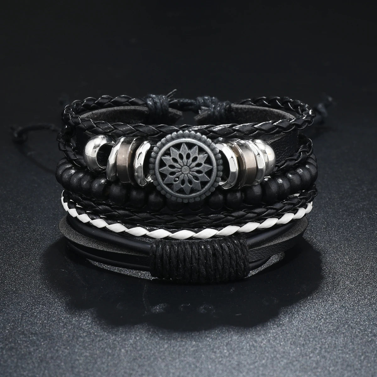 Conjunto 4 Pulseiras Masculinas de Couro Trançado – Vintage Tribal com Contas e Árvore da Vida