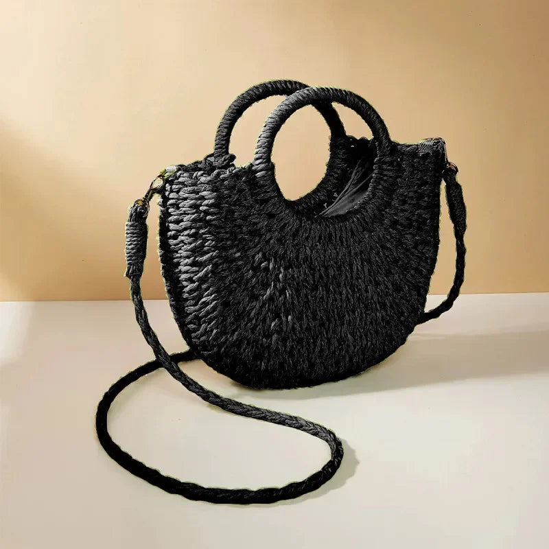 Bolsa de Praia Feminina em Palha Trançada – Formato Meia-Lua com Grande Capacidade e Estilo Verão