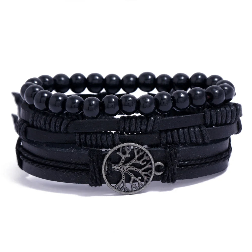 Conjunto 4 Pulseiras Masculinas de Couro Trançado – Vintage Tribal com Contas e Árvore da Vida
