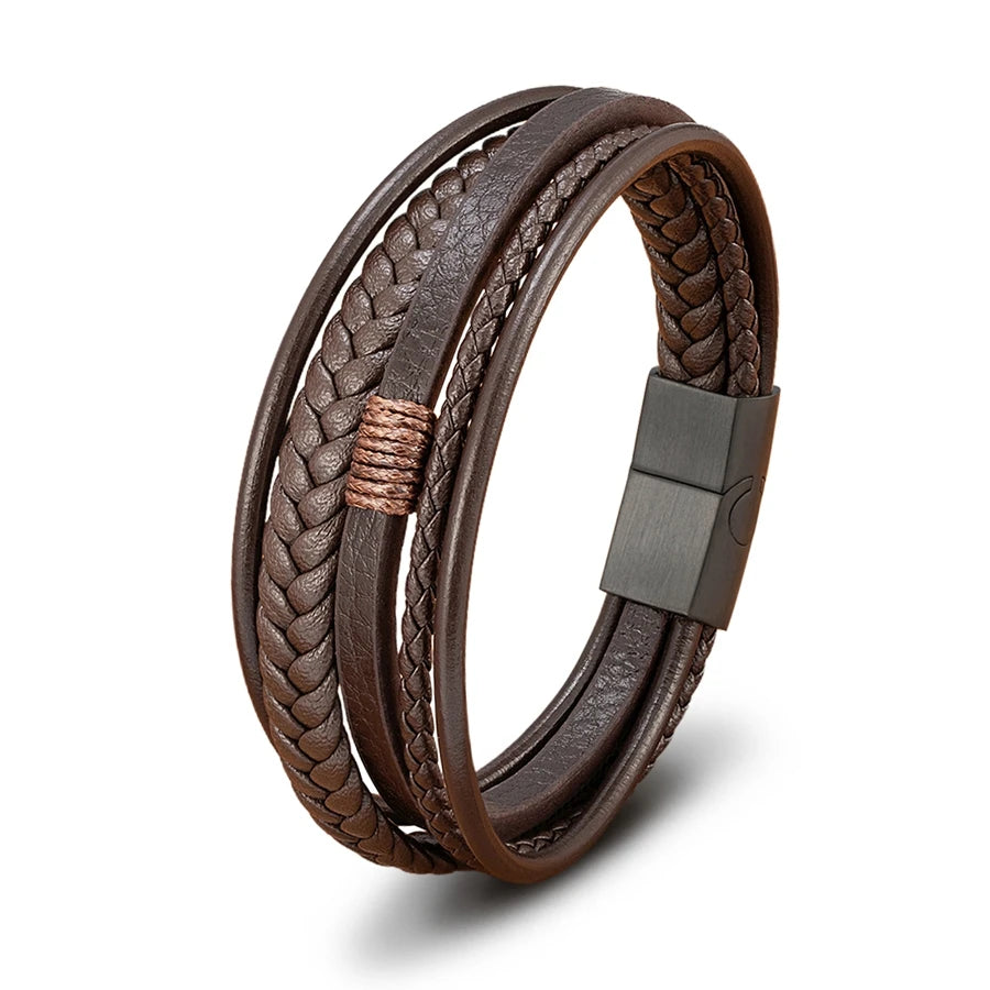 Pulseira Masculina XQNI Luxo em Couro Trançado – Multicamadas com Aço Inoxidável