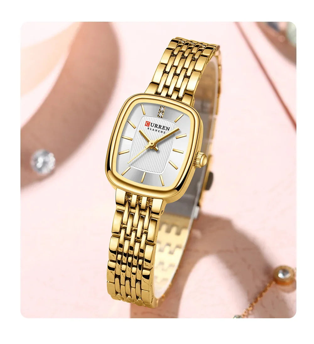 Relógio Feminino CURREN Quartz – Fashion em Aço Inoxidável com Design Retangular e Resistente à Água
