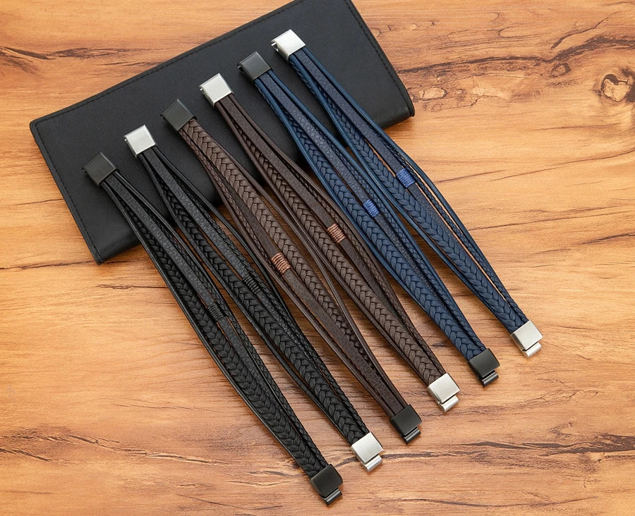 Pulseira Masculina XQNI Luxo em Couro Trançado – Multicamadas com Aço Inoxidável