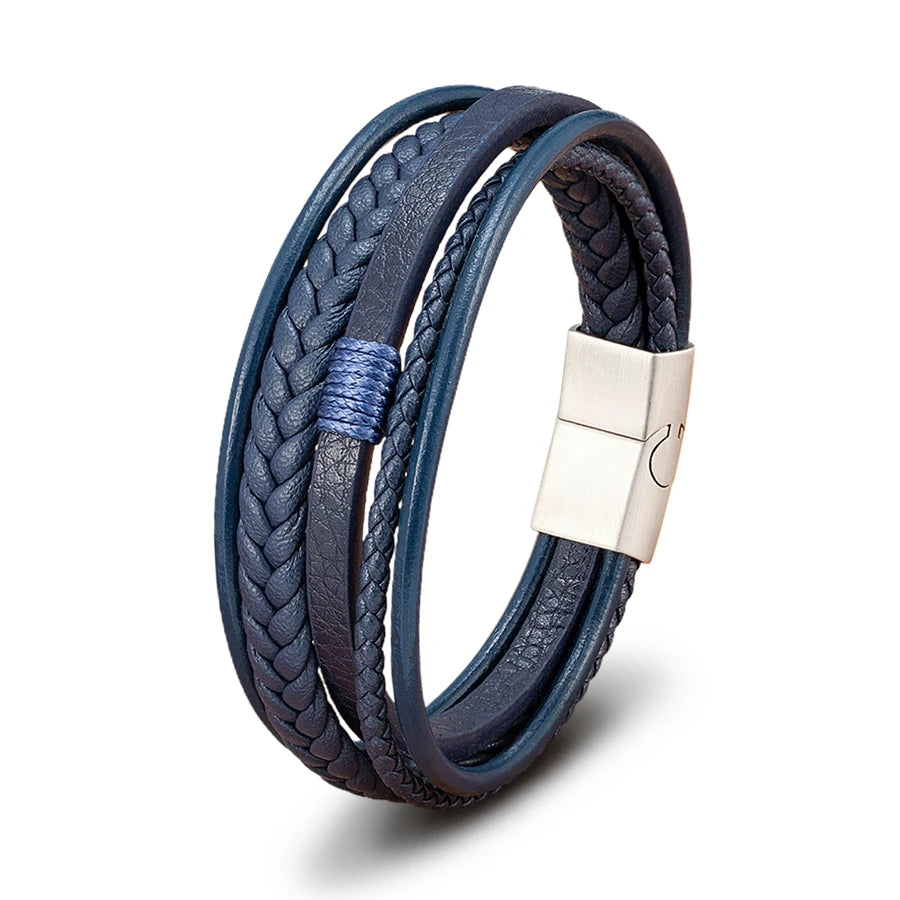 Pulseira Masculina XQNI Luxo em Couro Trançado – Multicamadas com Aço Inoxidável