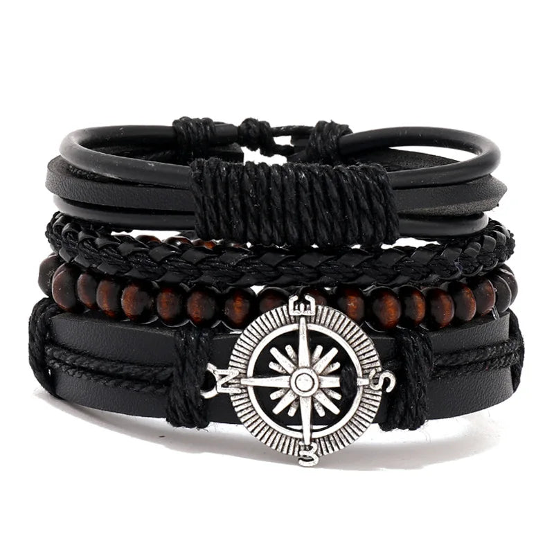 Conjunto 4 Pulseiras Masculinas de Couro Trançado – Vintage Tribal com Contas e Árvore da Vida