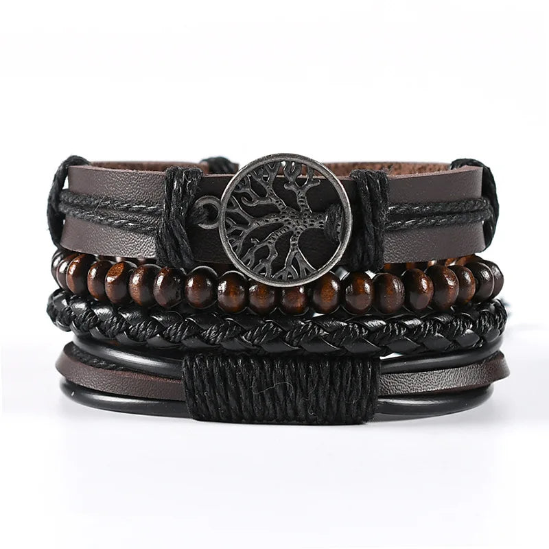 Conjunto 4 Pulseiras Masculinas de Couro Trançado – Vintage Tribal com Contas e Árvore da Vida