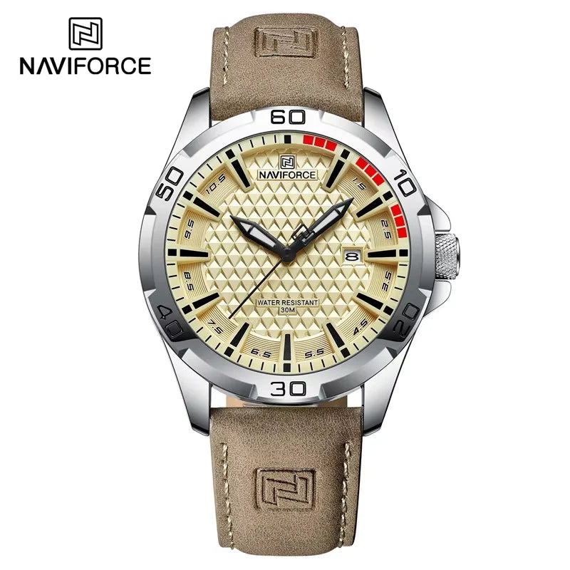 Relógio Masculino NAVIFORCE NF8023 – Quartzo Esportivo com Couro PU, Calendário e à Prova d’Água