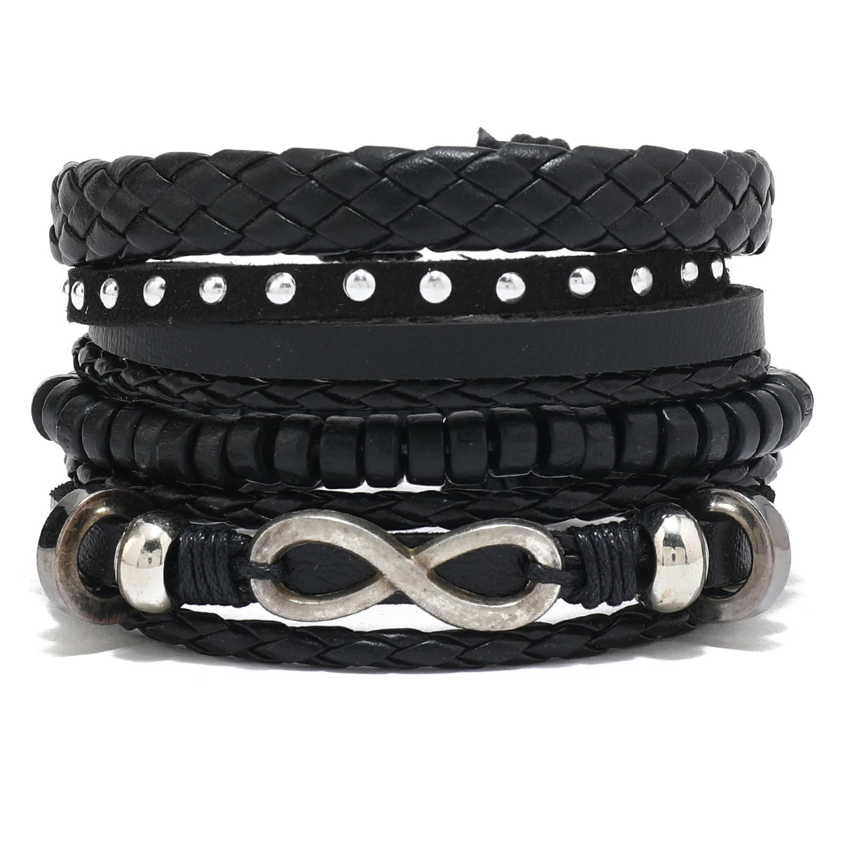 Conjunto 4 Pulseiras Masculinas de Couro Trançado – Vintage Tribal com Contas e Árvore da Vida