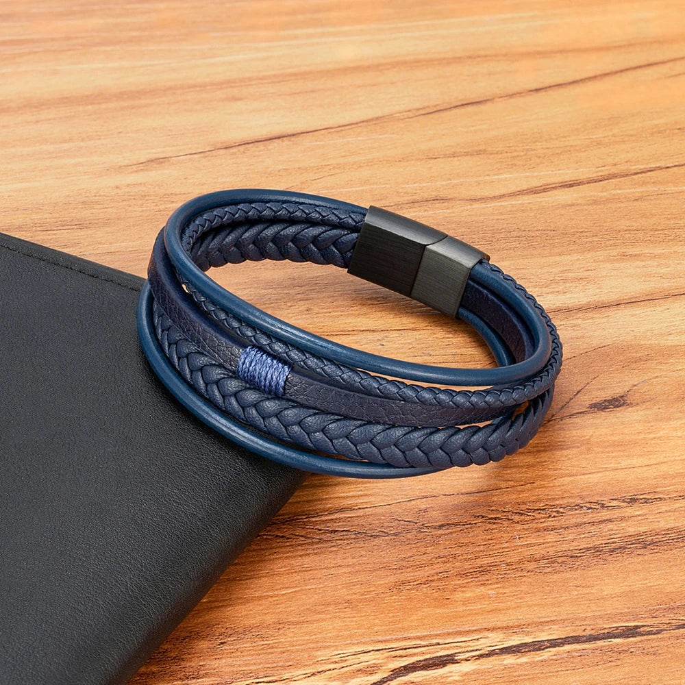 Pulseira Masculina XQNI Luxo em Couro Trançado – Multicamadas com Aço Inoxidável