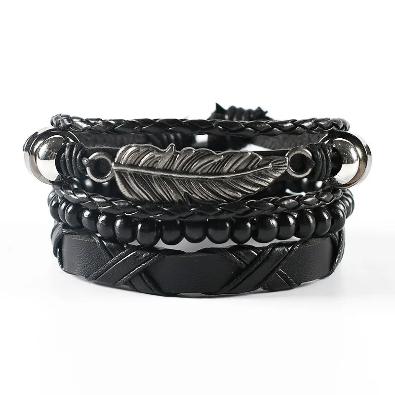 Conjunto 4 Pulseiras Masculinas de Couro Trançado – Vintage Tribal com Contas e Árvore da Vida