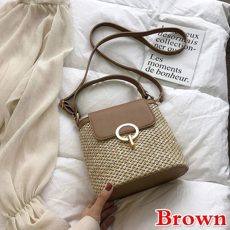 Bolsa Feminina de Palha para Praia 2026 – Estilo Coreano Bucket Crossbody Versátil