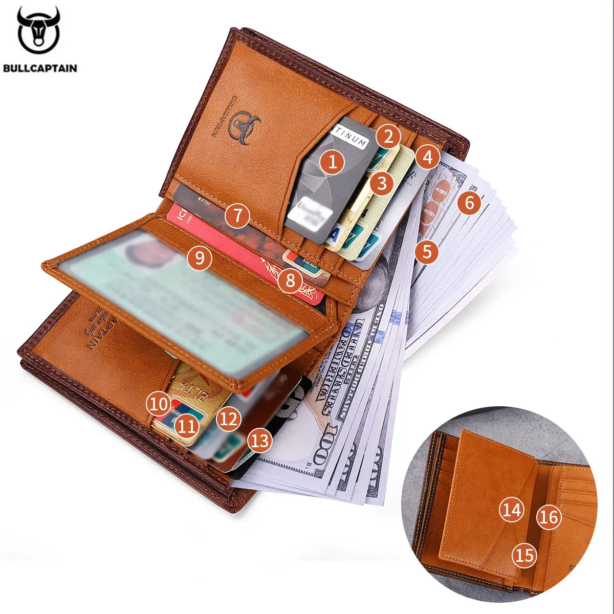 Carteira Masculina BULLCAPTAIN em Couro Legítimo – Compacta, Multifuncional e de Alta Qualidade
