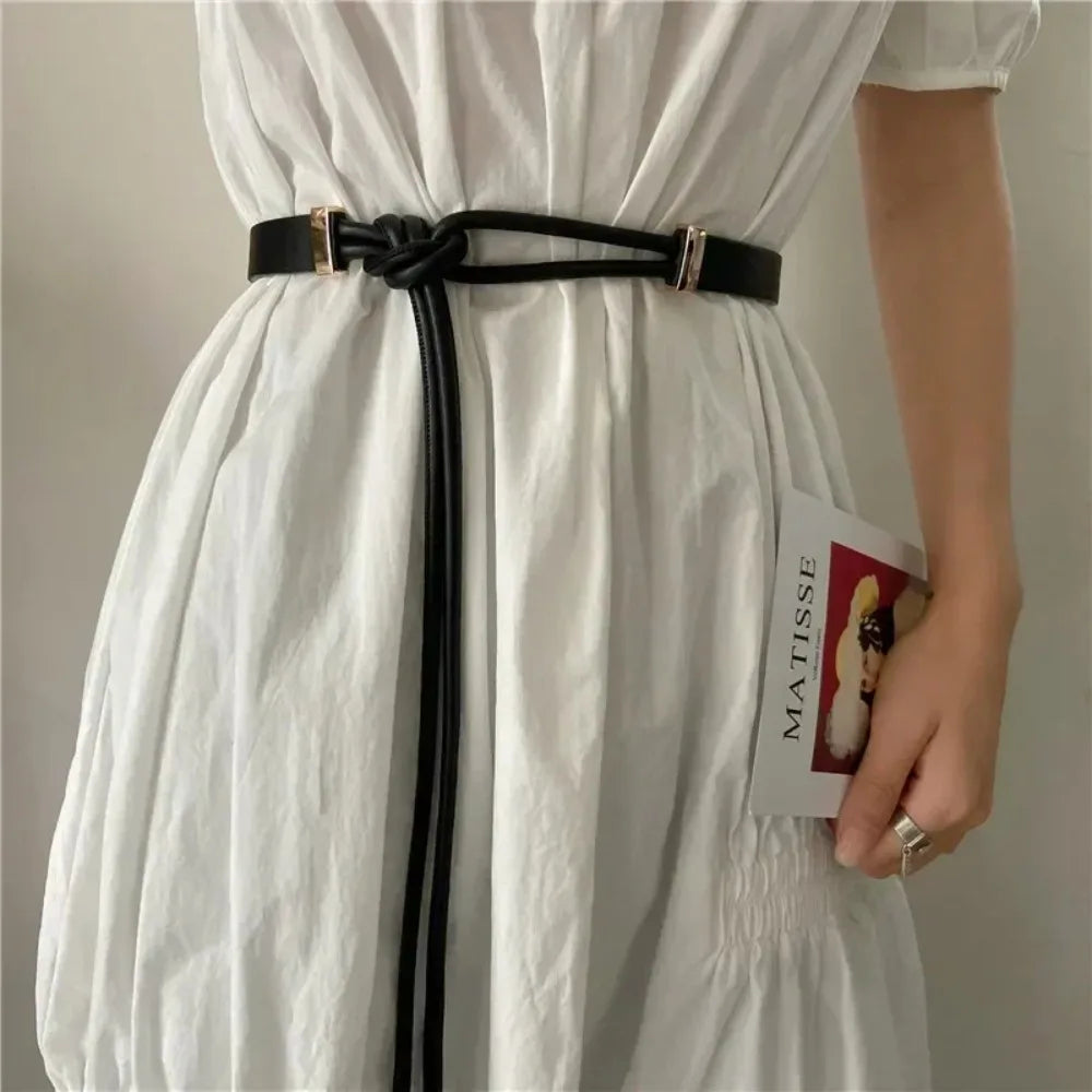 Cinto Fino em Couro PU – Estilo Laço Sem Furos para Vestidos, Jeans e Calças