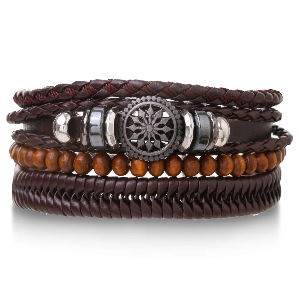Conjunto 4 Pulseiras Masculinas de Couro Trançado – Vintage Tribal com Contas e Árvore da Vida