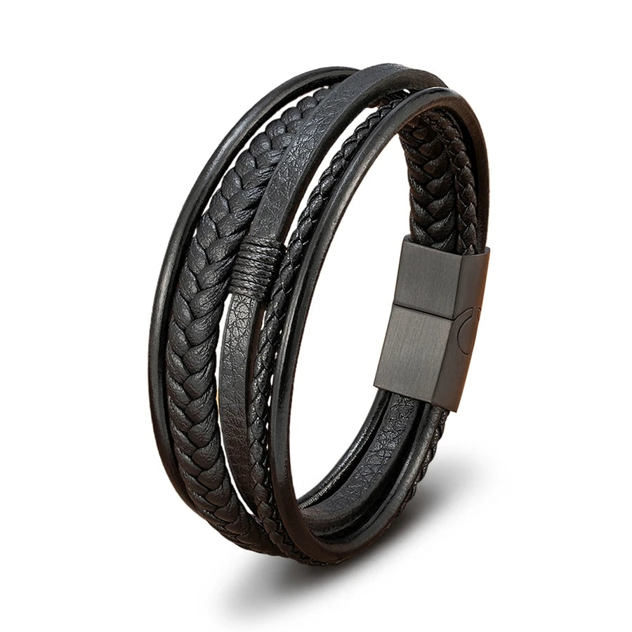 Pulseira Masculina XQNI Luxo em Couro Trançado – Multicamadas com Aço Inoxidável