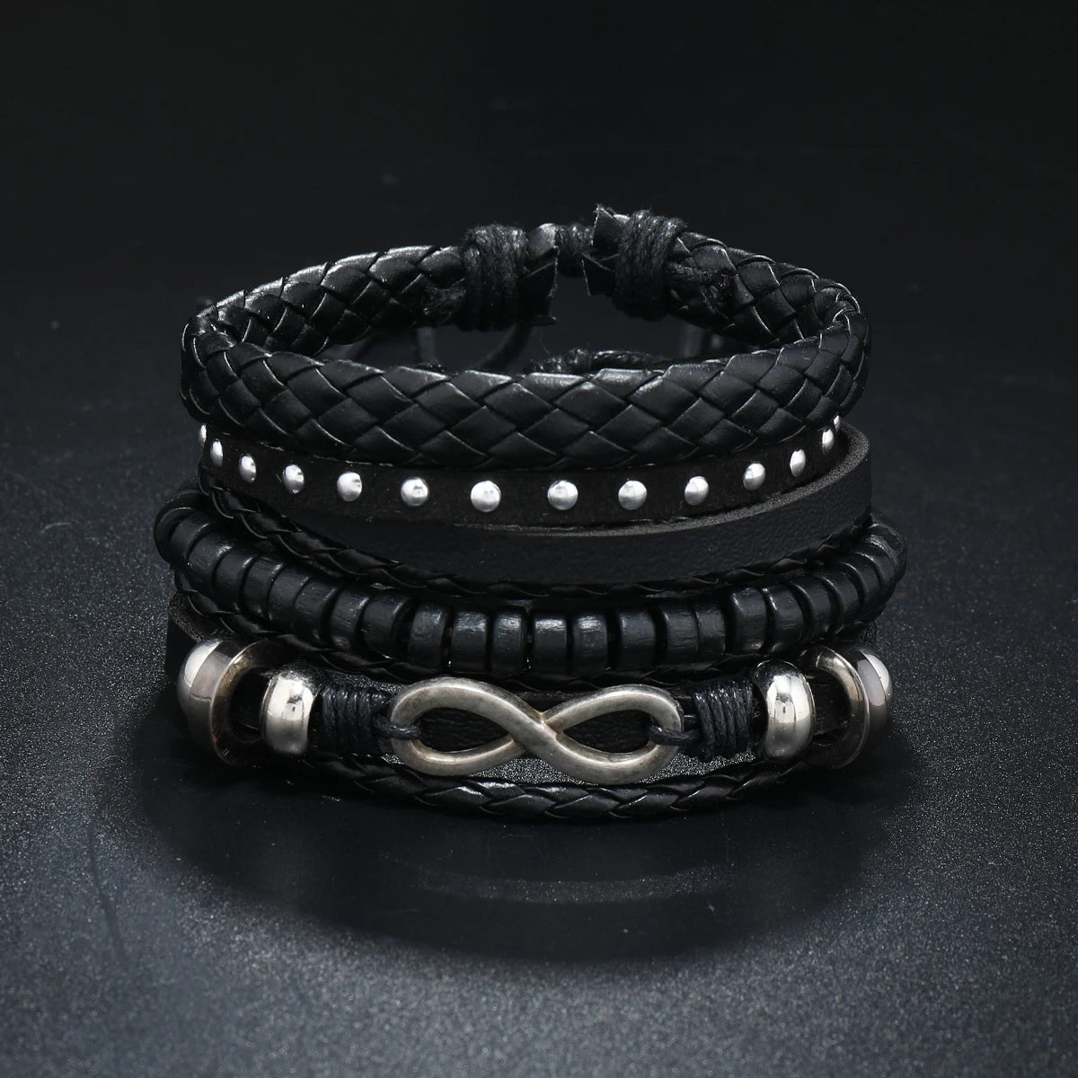 Conjunto 4 Pulseiras Masculinas de Couro Trançado – Vintage Tribal com Contas e Árvore da Vida