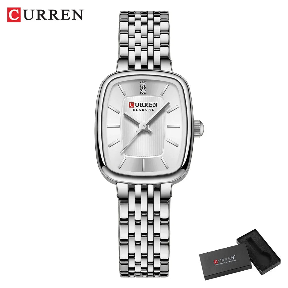 Relógio Feminino CURREN Quartz – Fashion em Aço Inoxidável com Design Retangular e Resistente à Água