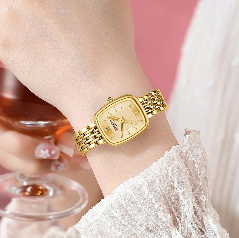 Relógio Feminino CURREN Quartz – Fashion em Aço Inoxidável com Design Retangular e Resistente à Água