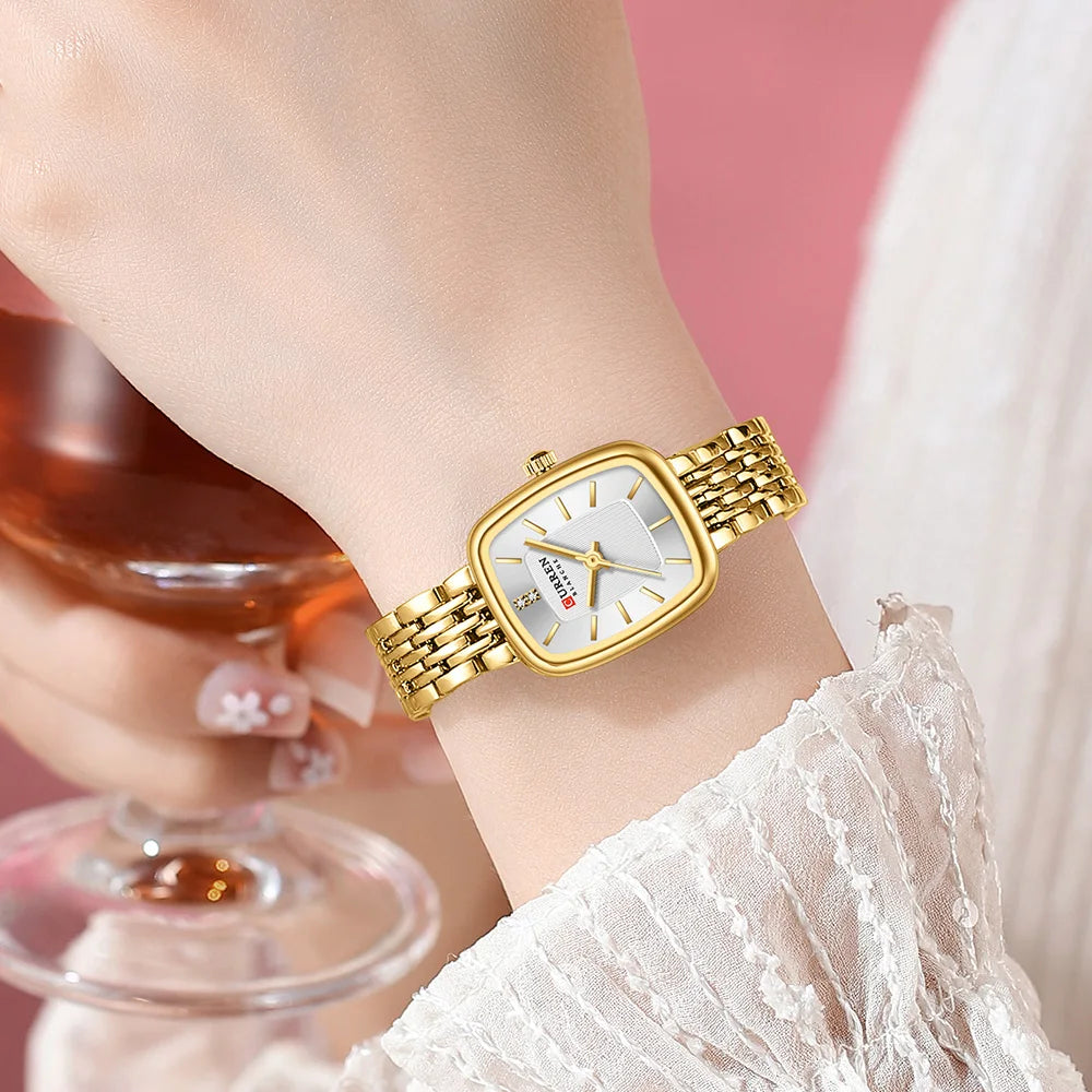 Relógio Feminino CURREN Quartz – Fashion em Aço Inoxidável com Design Retangular e Resistente à Água