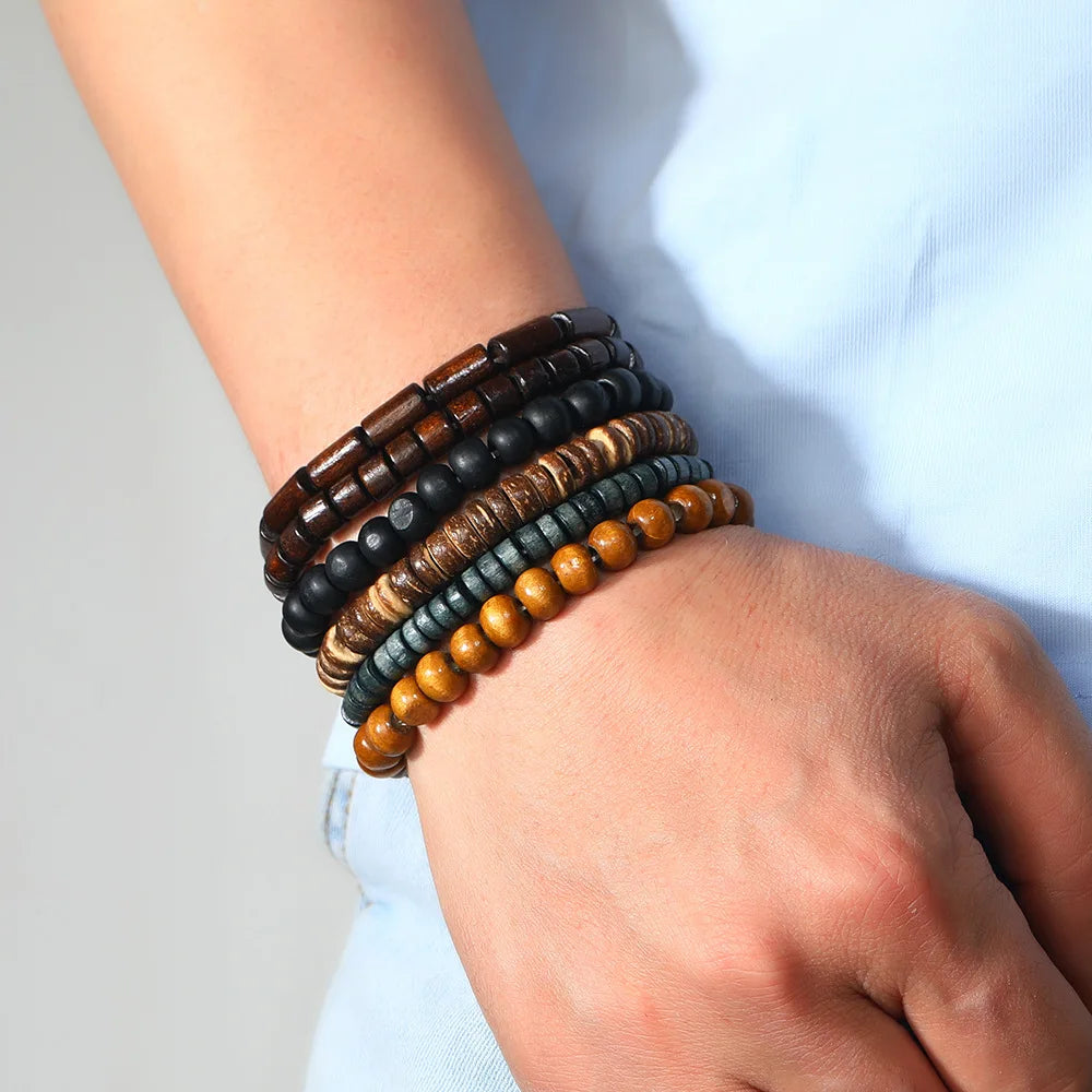 Conjunto 4 Pulseiras Masculinas de Couro Trançado – Vintage Tribal com Contas e Árvore da Vida