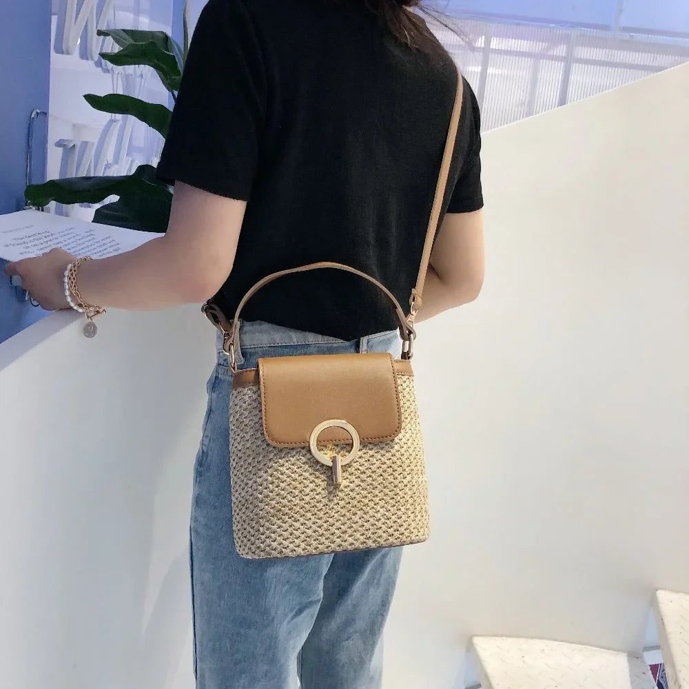Bolsa Feminina de Palha para Praia 2026 – Estilo Coreano Bucket Crossbody Versátil