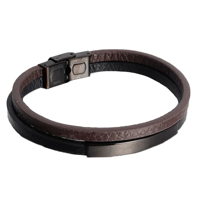 Pulseira Masculina em Couro Preto – Dupla Camada com Detalhe em Aço Inoxidável