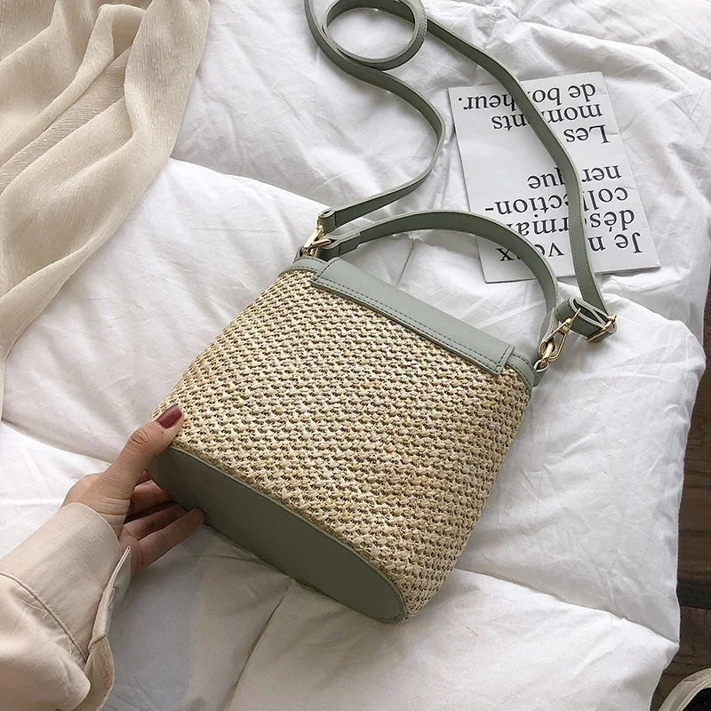 Bolsa Feminina de Palha para Praia 2026 – Estilo Coreano Bucket Crossbody Versátil