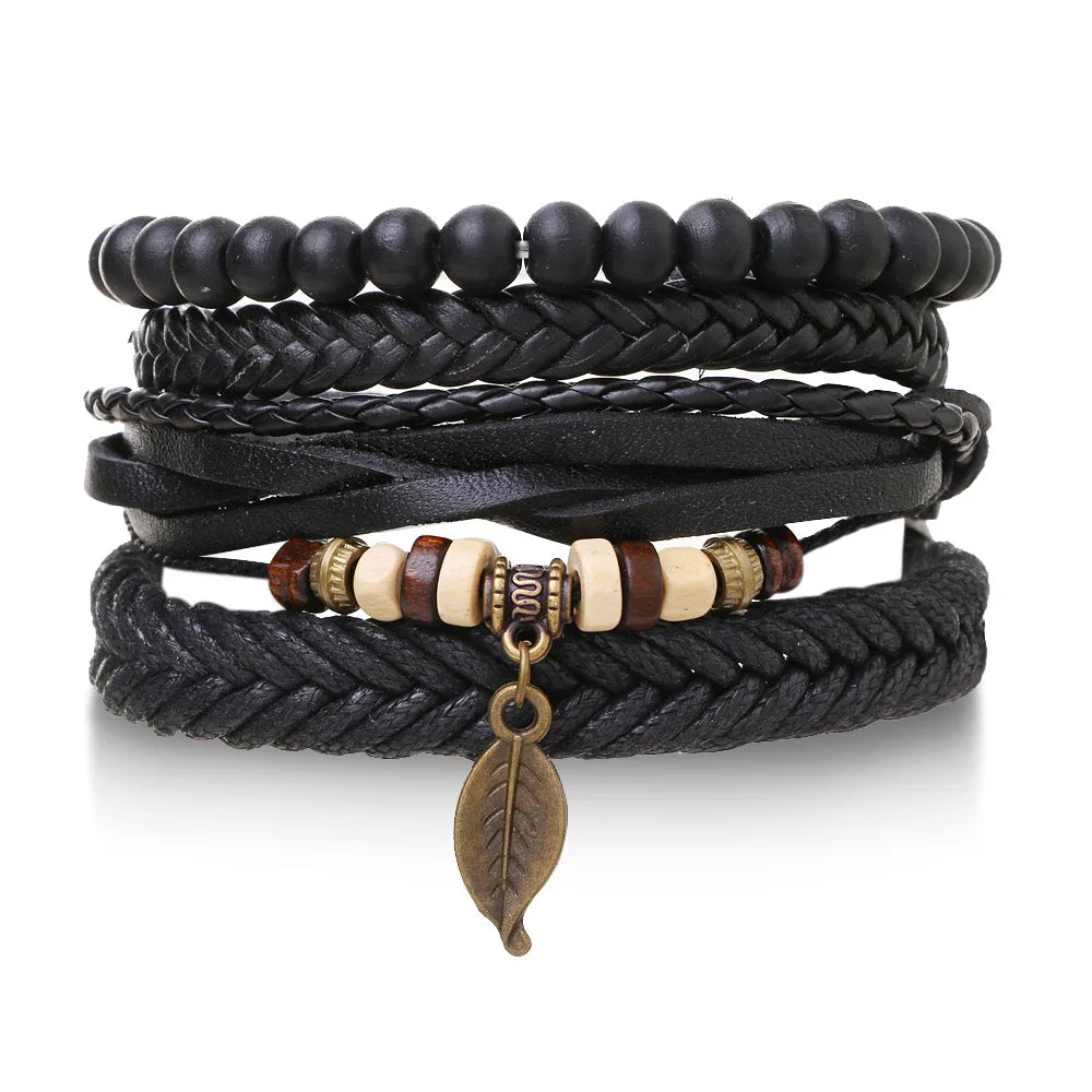 Conjunto 4 Pulseiras Masculinas de Couro Trançado – Vintage Tribal com Contas e Árvore da Vida
