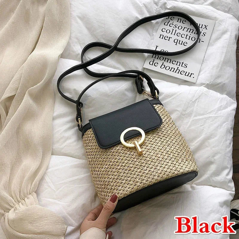 Bolsa Feminina de Palha para Praia 2026 – Estilo Coreano Bucket Crossbody Versátil