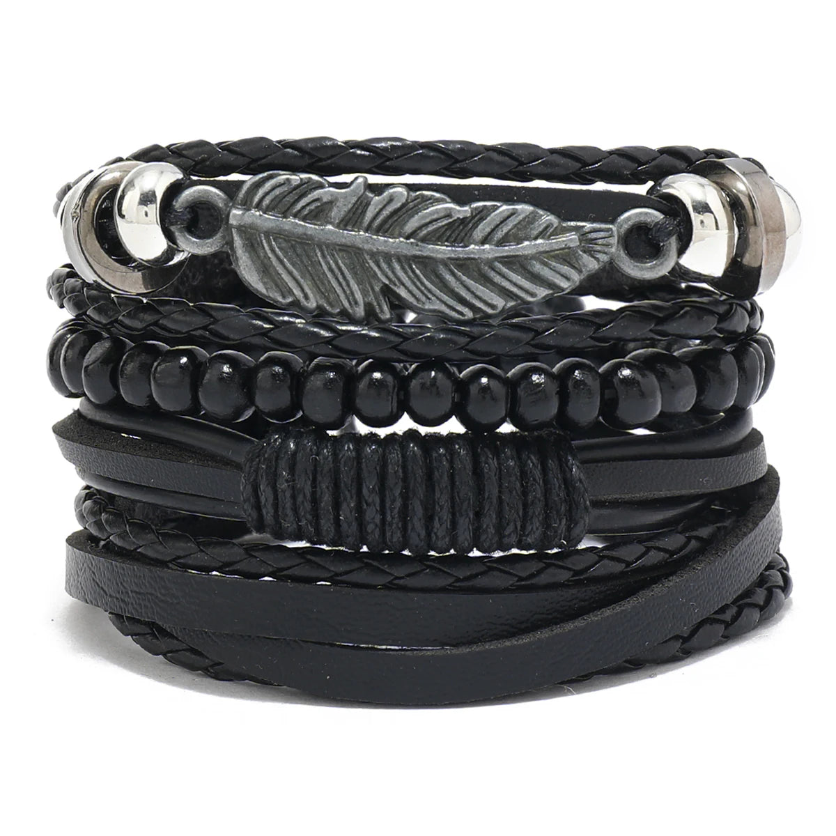 Conjunto 4 Pulseiras Masculinas de Couro Trançado – Vintage Tribal com Contas e Árvore da Vida