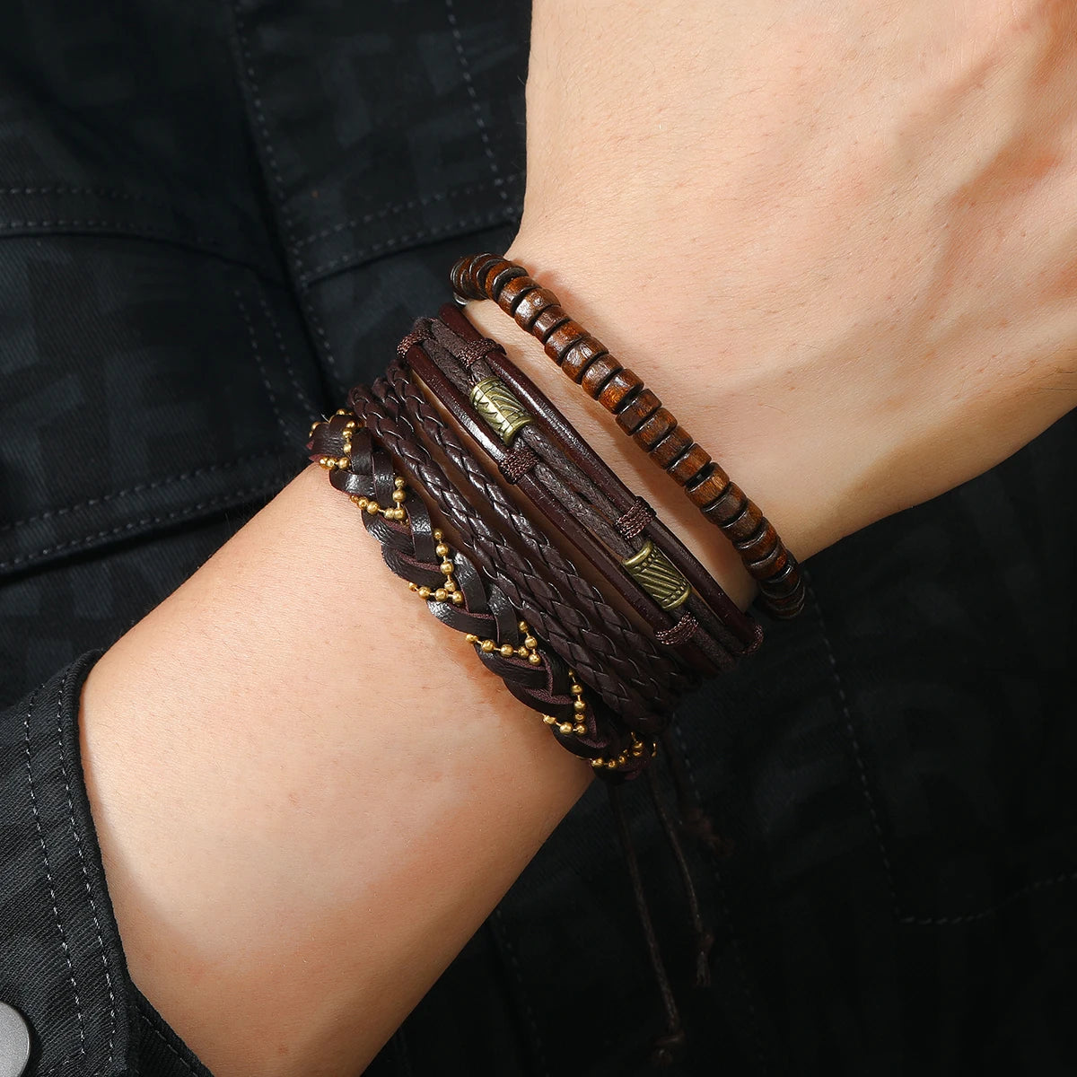Conjunto 4 Pulseiras Masculinas de Couro Trançado – Vintage Tribal com Contas e Árvore da Vida
