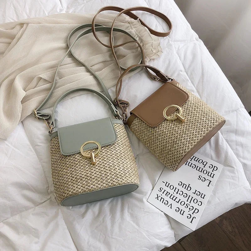 Bolsa Feminina de Palha para Praia 2026 – Estilo Coreano Bucket Crossbody Versátil