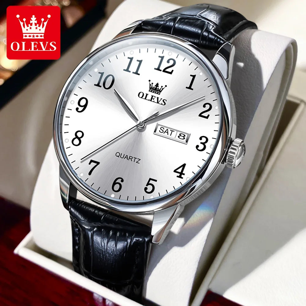 Relógio Masculino OLEVS Clássico – Quartzo com Pulseira de Couro Fashion Business à Prova d’Água