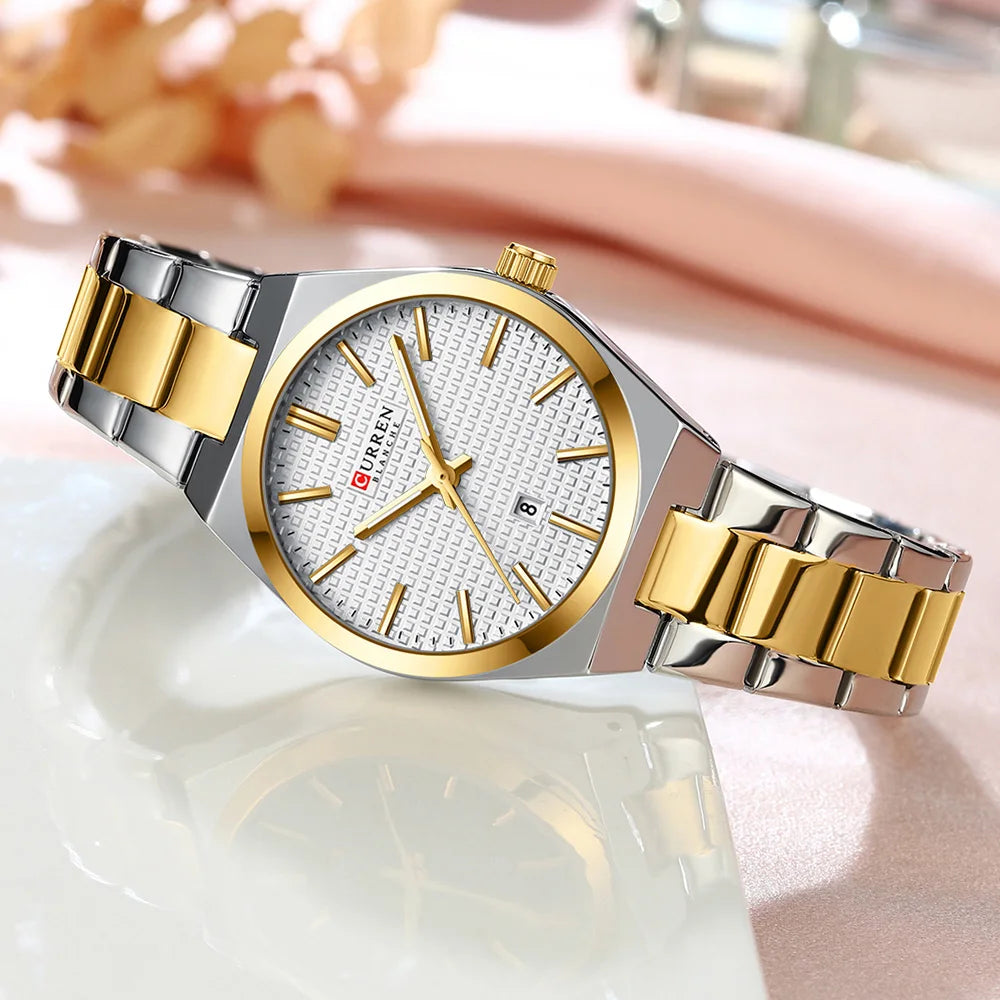 Relógio Feminino CURREN Quartz – Elegante com Pulseira de Aço Inoxidável e Mostrador “Love”