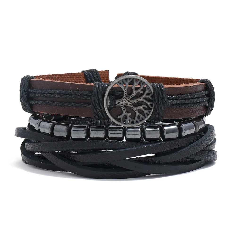 Conjunto 4 Pulseiras Masculinas de Couro Trançado – Vintage Tribal com Contas e Árvore da Vida