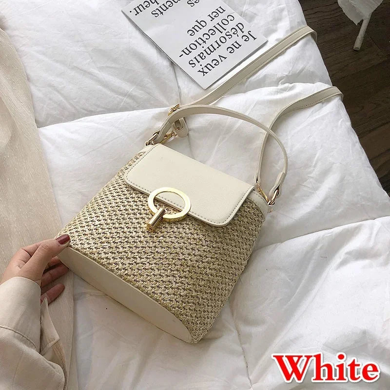 Bolsa Feminina de Palha para Praia 2026 – Estilo Coreano Bucket Crossbody Versátil