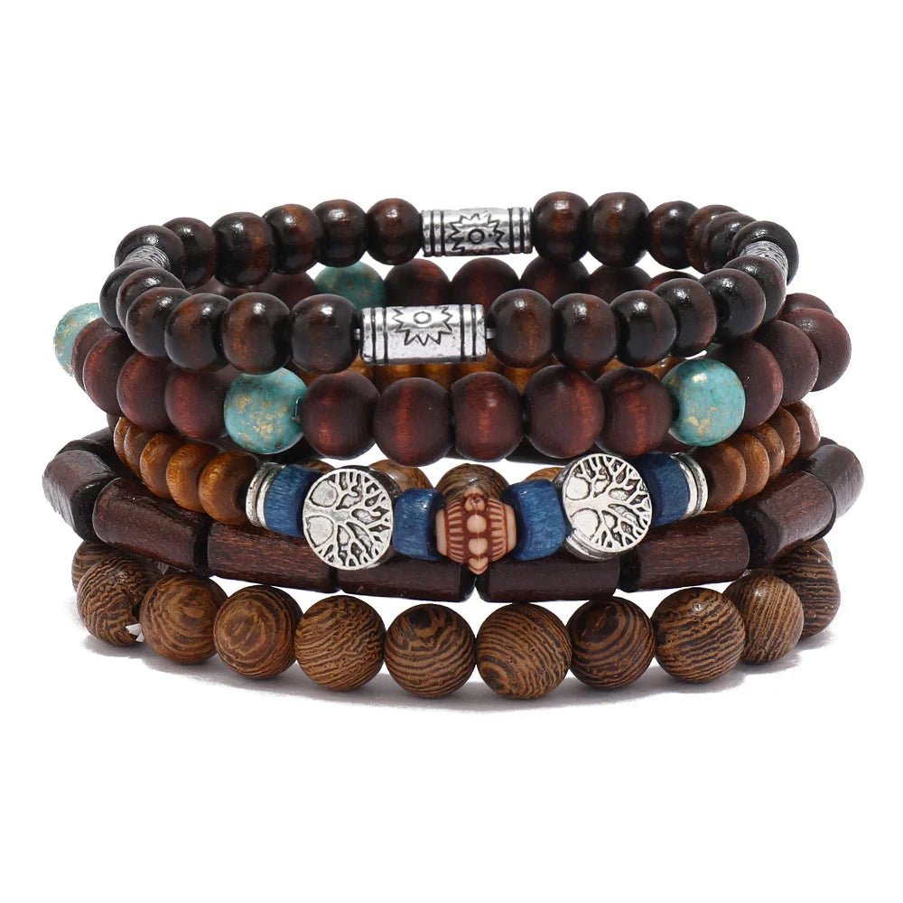 Conjunto 4 Pulseiras Masculinas de Couro Trançado – Vintage Tribal com Contas e Árvore da Vida