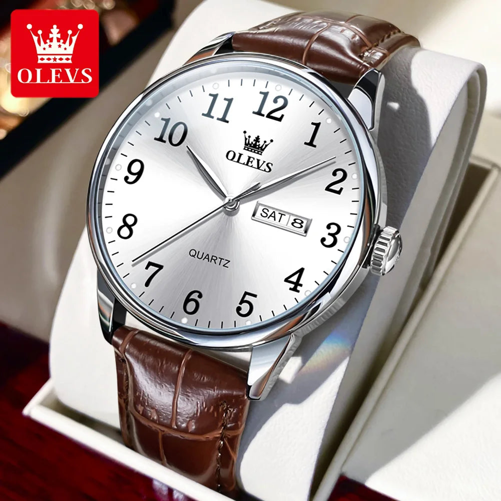Relógio Masculino OLEVS Clássico – Quartzo com Pulseira de Couro Fashion Business à Prova d’Água