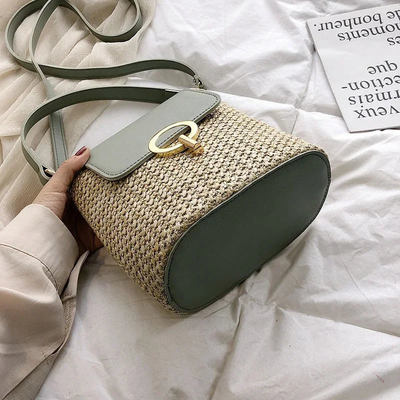 Bolsa Feminina de Palha para Praia 2026 – Estilo Coreano Bucket Crossbody Versátil