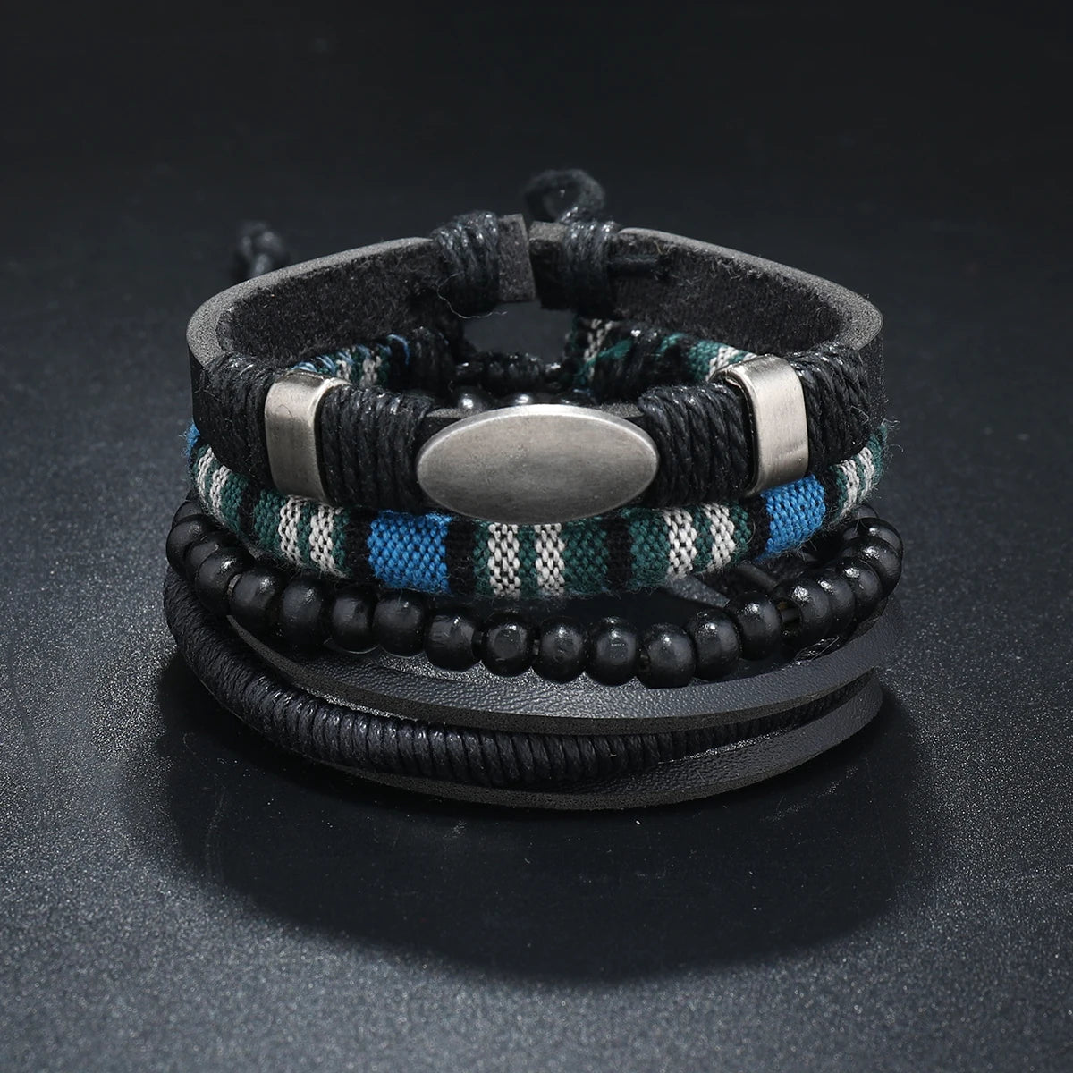 Conjunto 4 Pulseiras Masculinas de Couro Trançado – Vintage Tribal com Contas e Árvore da Vida