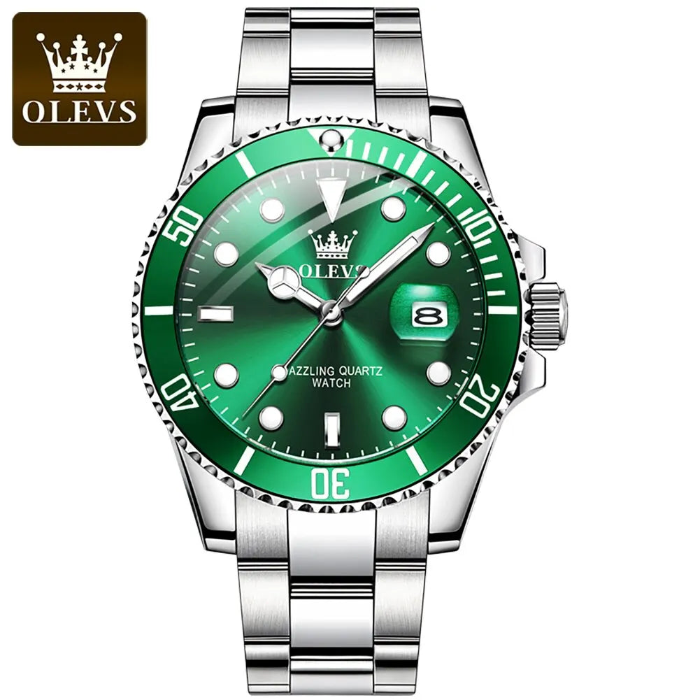 Relógio Masculino OLEVS Luxo – Quartzo Verde em Aço Inoxidável com Calendário e à Prova d’Água