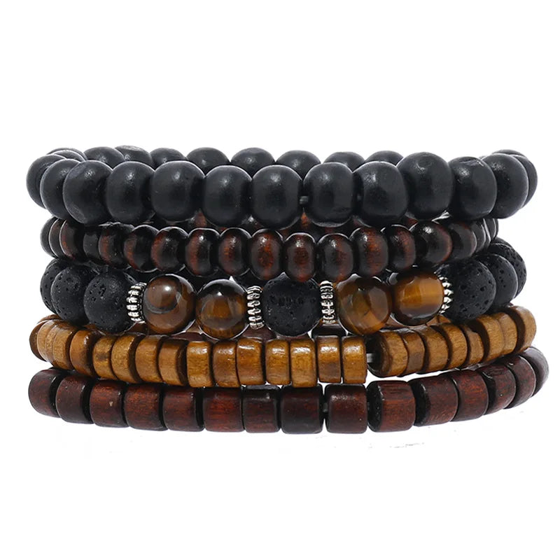 Conjunto 4 Pulseiras Masculinas de Couro Trançado – Vintage Tribal com Contas e Árvore da Vida