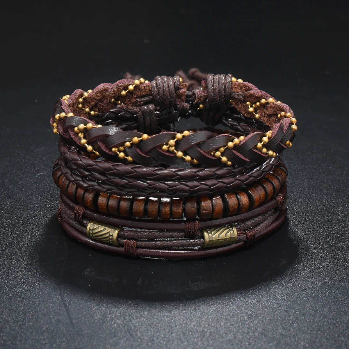 Conjunto 4 Pulseiras Masculinas de Couro Trançado – Vintage Tribal com Contas e Árvore da Vida