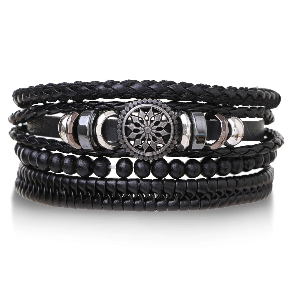 Conjunto 4 Pulseiras Masculinas de Couro Trançado – Vintage Tribal com Contas e Árvore da Vida
