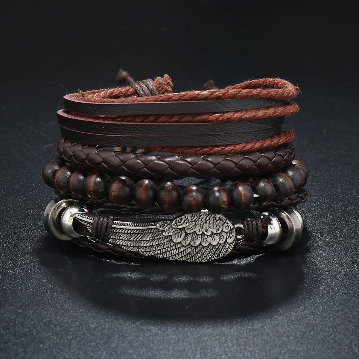 Conjunto 4 Pulseiras Masculinas de Couro Trançado – Vintage Tribal com Contas e Árvore da Vida