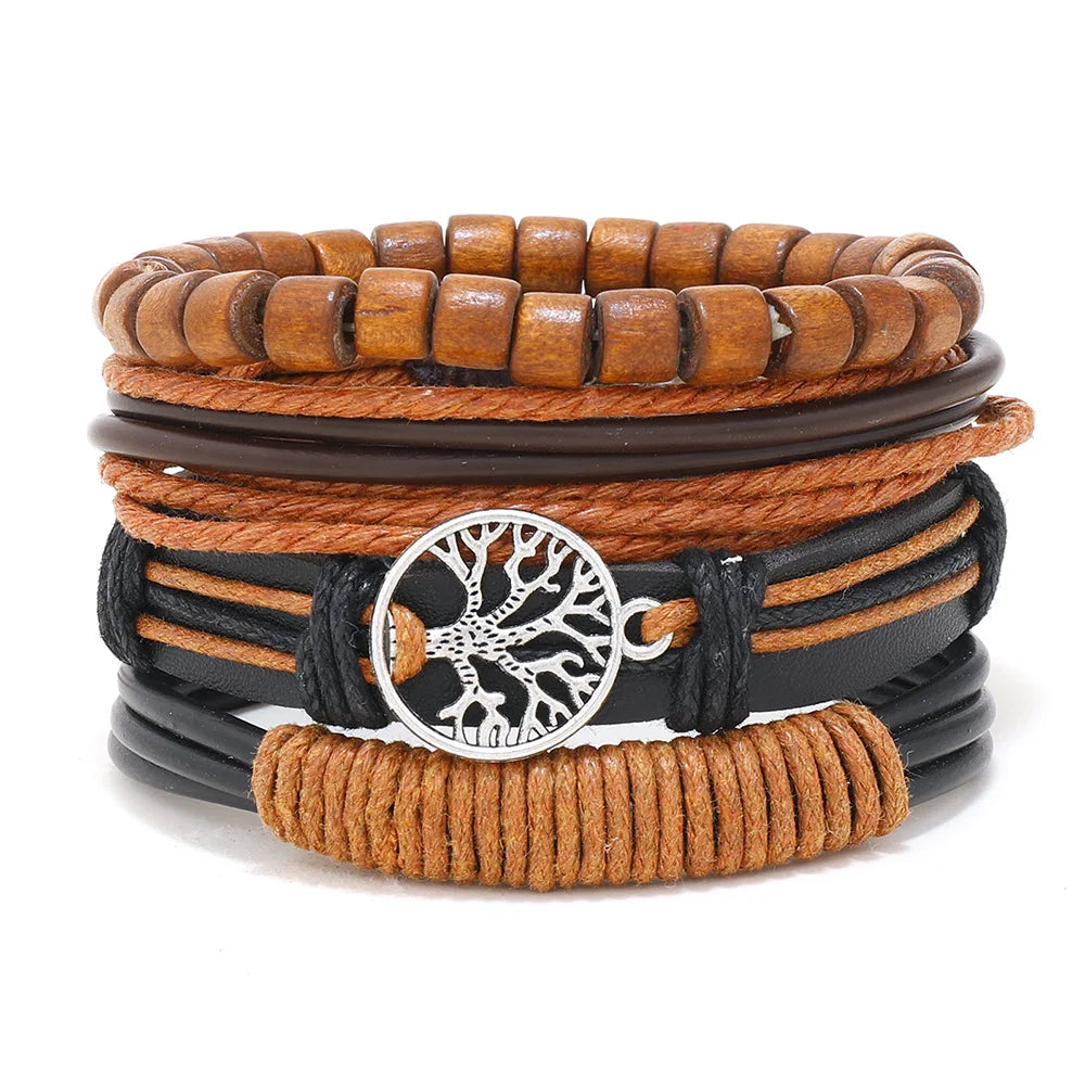 Conjunto 4 Pulseiras Masculinas de Couro Trançado – Vintage Tribal com Contas e Árvore da Vida
