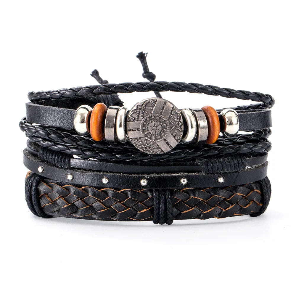 Conjunto 4 Pulseiras Masculinas de Couro Trançado – Vintage Tribal com Contas e Árvore da Vida